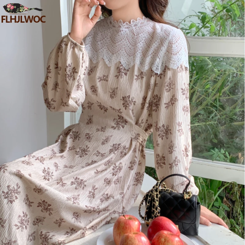 Turtleneck White Lace Cute Sweet Girls Women A Line Retro Vintage Korea Japanese Style Grils Ruffles Floral Lace-Up Long Dress