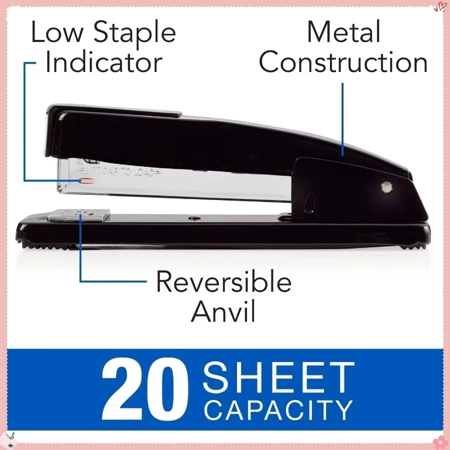 プロ仕様の金属製ホッチキス（黒）、20枚綴じ対応の頑丈なホッチキス、オフィス/学校用の詰まりにくい設計