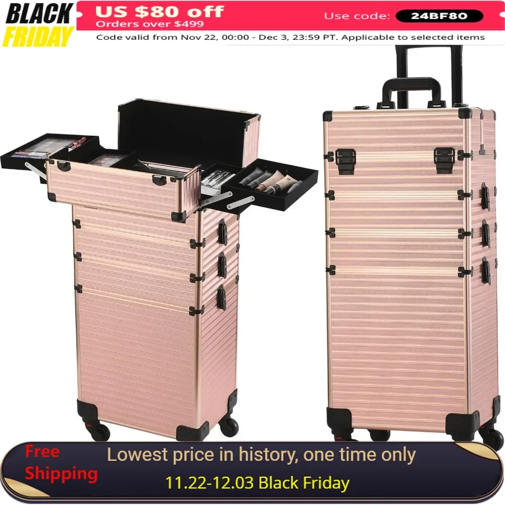 5-in-1 Rolling Makeup Case - Professional Cosmetic Organizer Trolley with Large Storage, Detachable Wheels,