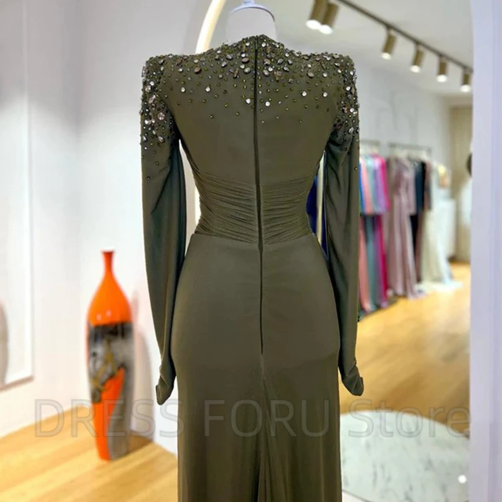 Vintage Pleat Beading Evening Dress Sheath Long Sleeve Floor Length Women Party Banquet Zopper Gowns Custom Made for Event