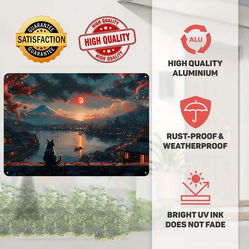 Cat Watching Sunset Over Japan 3D Printed Texture Poster Personalized Wall Art Retro Metal Tin Signs for Home Decoration Gaming