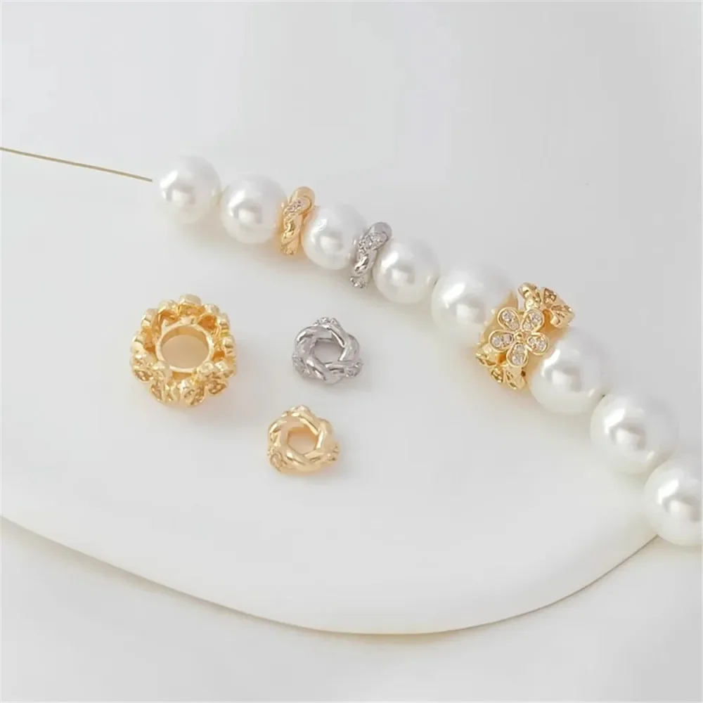 14K Gold Plated White K Zircon Inlaid Twisted Spacer Beads & Five-leaf Flower Spacer Beads, DIY Jewelry Loose Bead Accessories