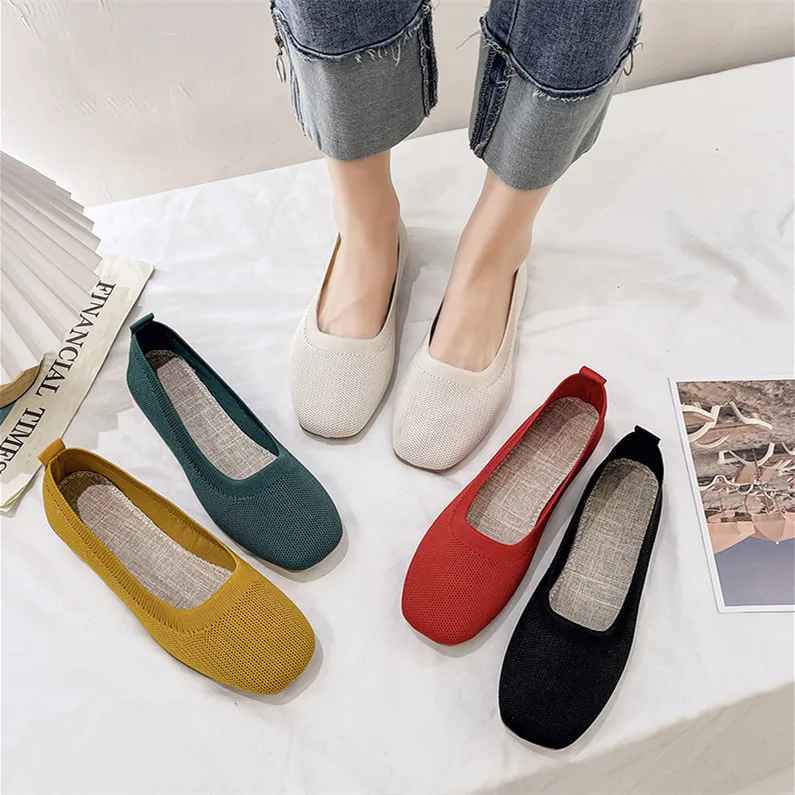 Fashion New Fly Weaving Breathable Soft Sole Pregnant Women'S Shoes Square Toe Ballet Flat Shoes Large Size Woven Single Shoes