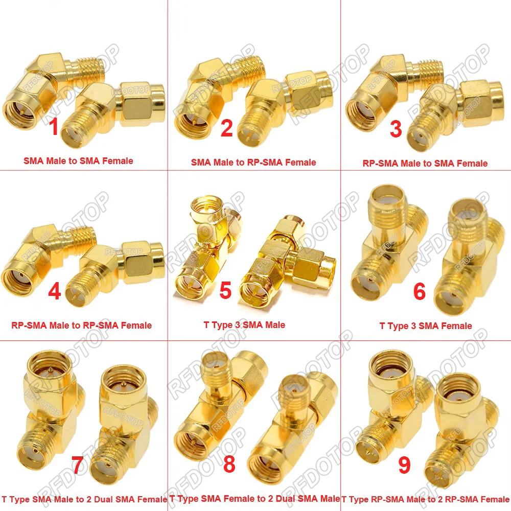 2PCS/lot SMA to SMA Convertor 135Degree/T-Type 3Way Splitter Connector for Wifi Goggle Antenna RPSMA RF Coax Adapter Gold Plated