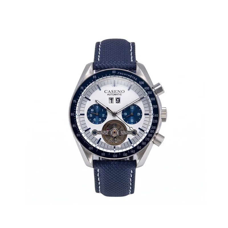 42mm Fully Automatic Mechanical Watch Genuine Leather Strap Transparent Case Back3atm Water Resistance Calendar Solid Steel Case