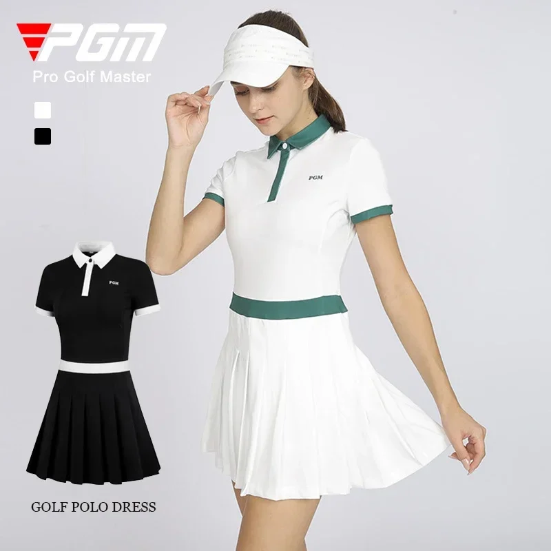 PGM New Lady Short-Sleeve Golf Polo Shirt Dress Slim Pleated Golf Dress High Waist Anti-expose Skirt Dresses Elastic Sport Wear