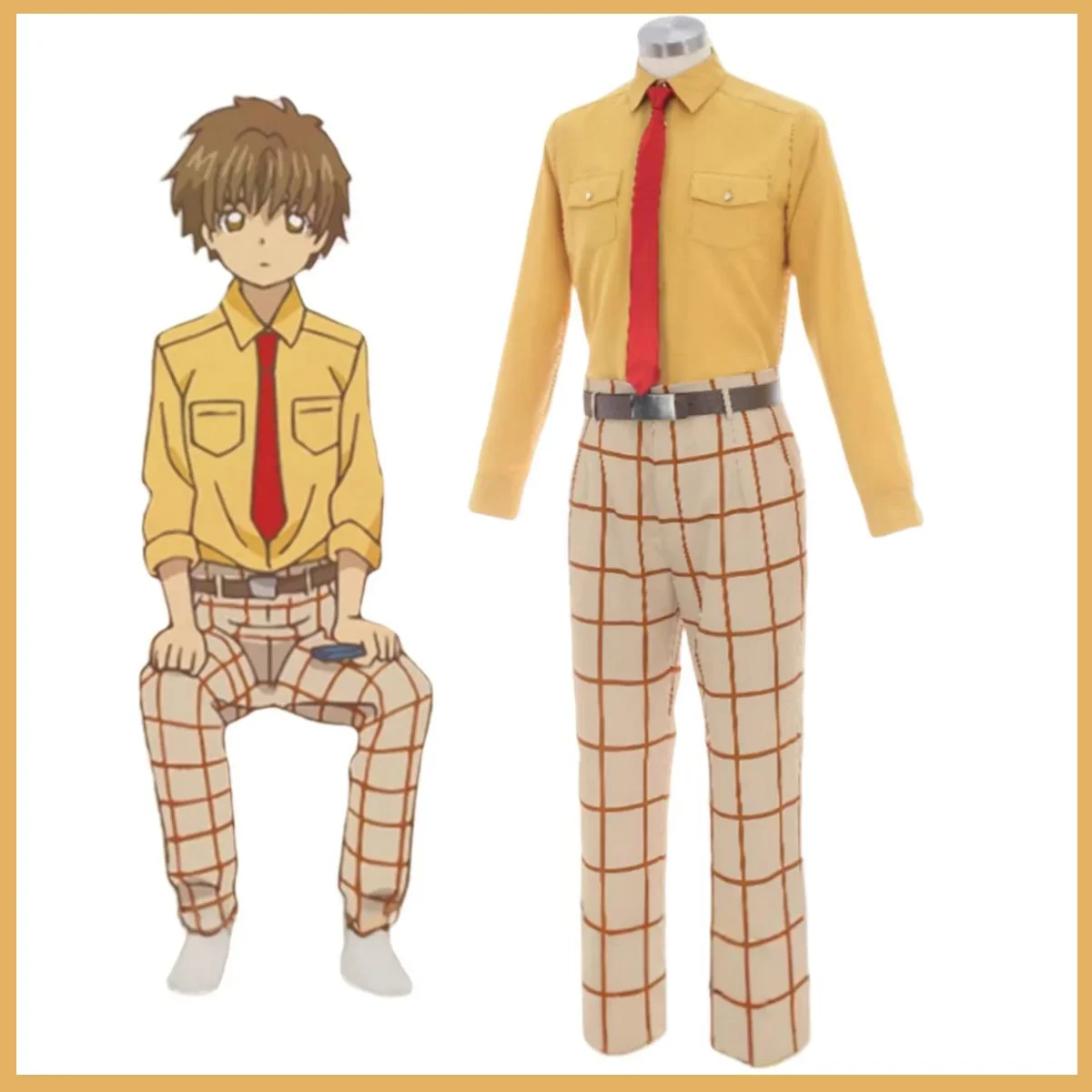 Cardcaptor Sakura Li Syaoran Cosplay Costume pour hommes et femmes, perruque, chemise jaune, pantalon en latex, uniforme, anime, campus imbibé