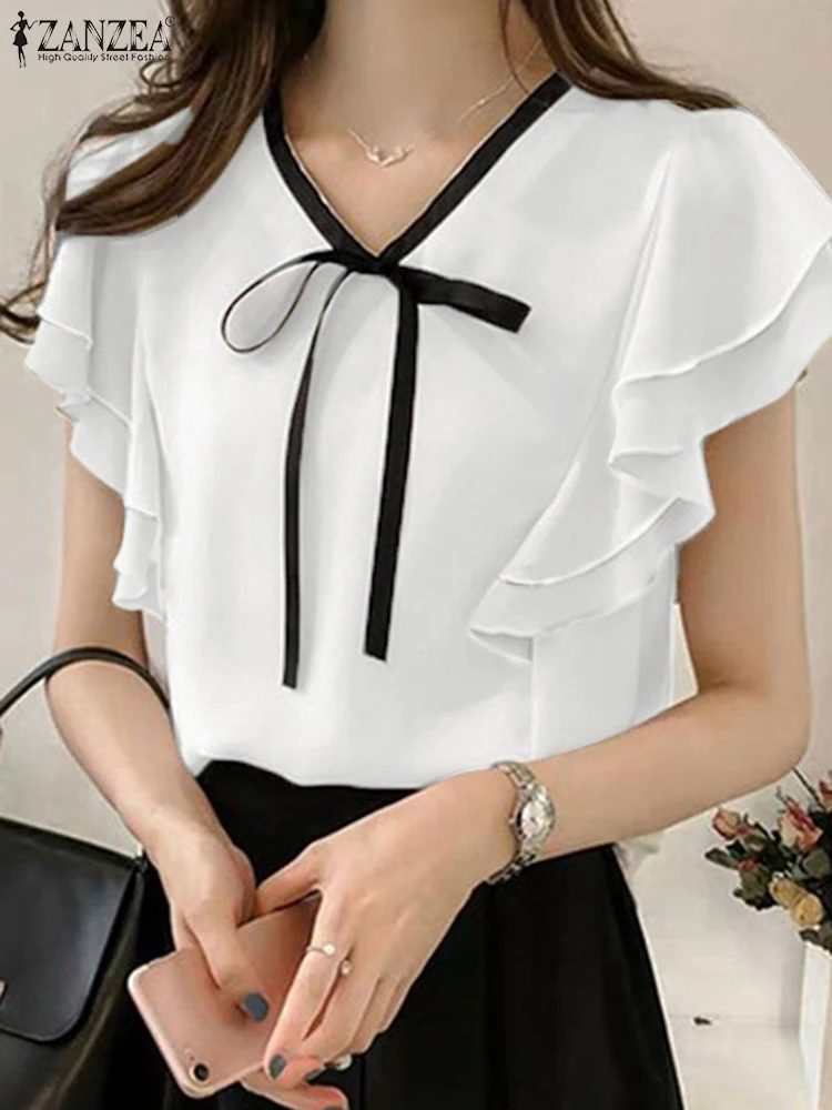 

ZANZEA 2025 Summer Woman Blouses Lace-Up V-Neck Ruffles Trim Sleeveless Fashion Tank Tops Solid Elegant Day Wear Blusas Mujer