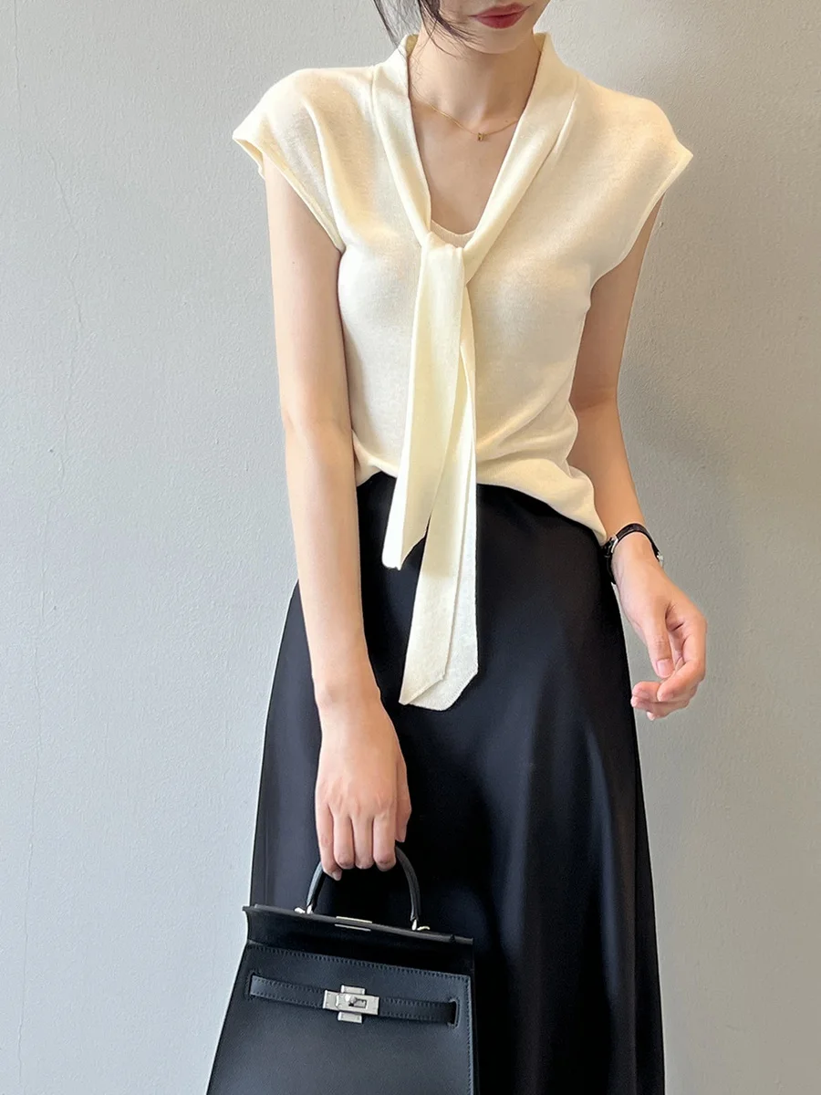 

Design inspired shawl ribbon short sleeved knit shirt gentle style age reducing chic T-shirt top