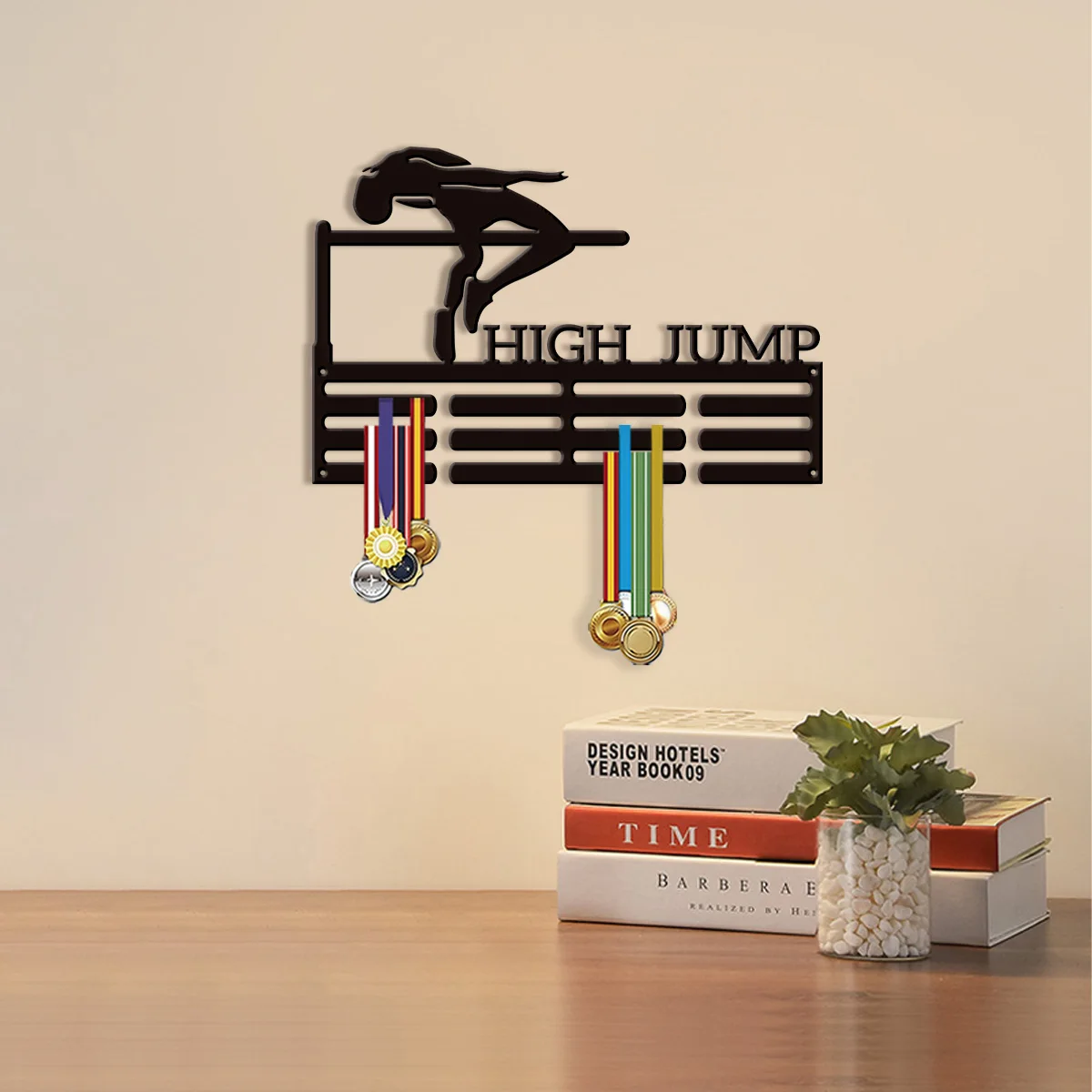 A luxurious black custom-made item high jumper Retro style wall mounted medal display rack - can hold up to 60 medals, easy to