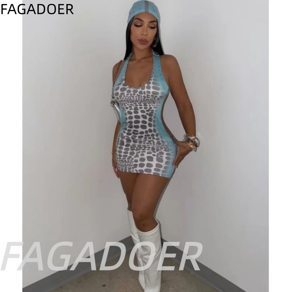 FAGADOER Streetwear Rivet Detail Croc Pattern Mini Dress Hot Girl Sexy Green Patchwork Lace-up Off Shoulder Dress + Headscarf