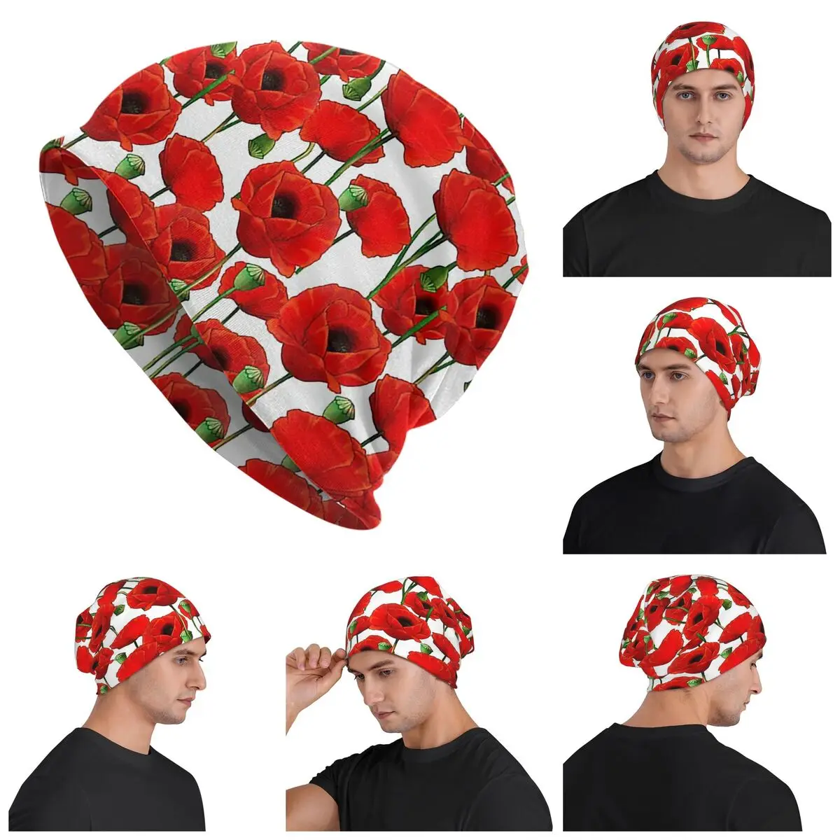 

Poppy Pattern Warm Knitted Cap Hip Hop Bonnet Hat Autumn Winter Outdoor Beanies Hats for Men Women Adult