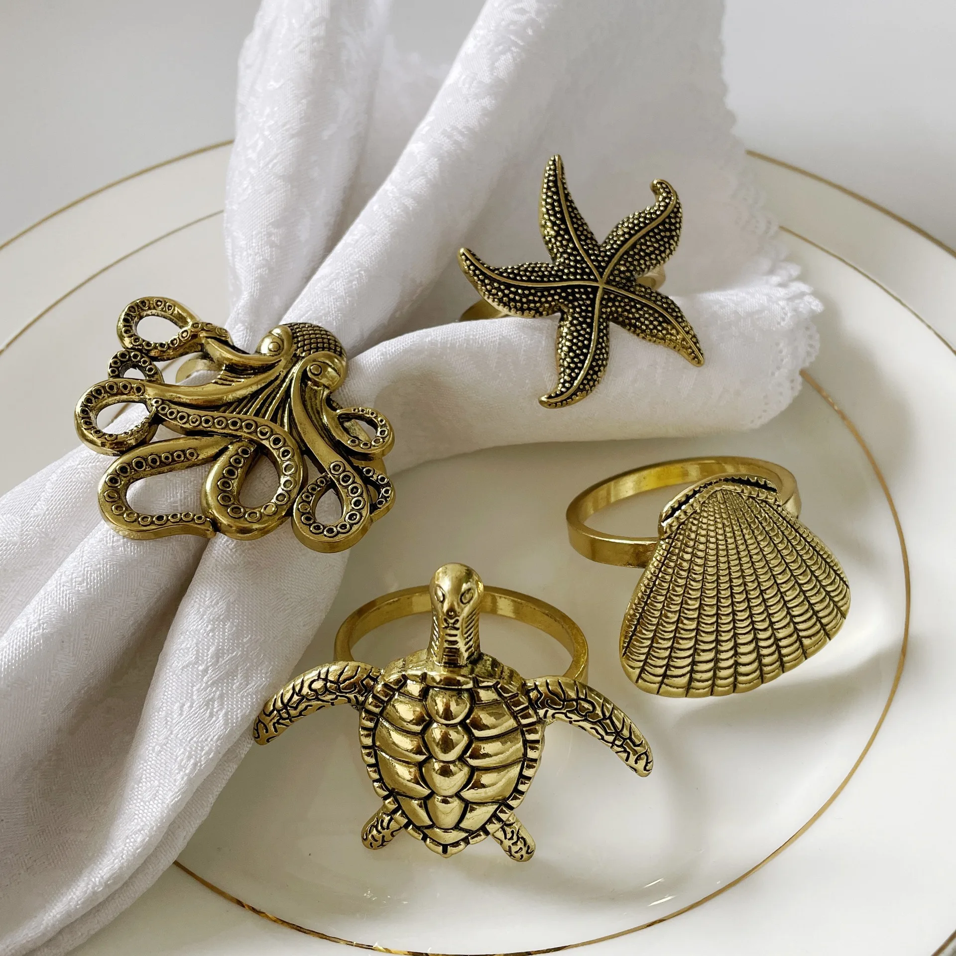 4pcs Ocean Theme Napkin Rings – Starfish Turtle Seashell Serviette Holders for Beach Wedding, Vacation & Coastal Table Decor