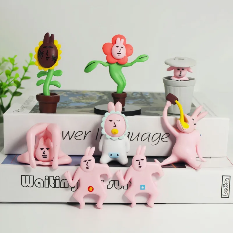 

8Pcs Pink Rabbit Abstract Mini Figurine Set Ornament–Funny Happy Rabbit Playful Whimsical Decor for Desk Shelf or Birthday Gift