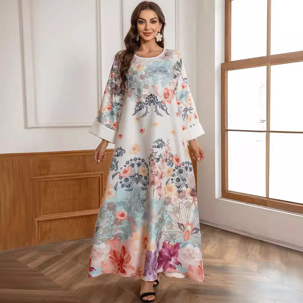 

Fashion Light Luxury Muslim Dress Women Nail Diamond Flower Print Arabic Dress for Women Abaya Dubai Clothes for Muslim Women