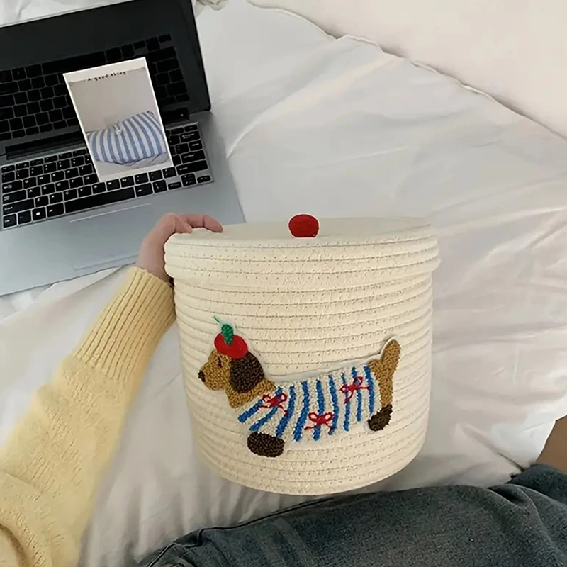 With Lid Dustproof Storage Bucket Desktop Dustproof Cute Puppy Storage Basket Woven Cotton Rope Frame Large Capacity