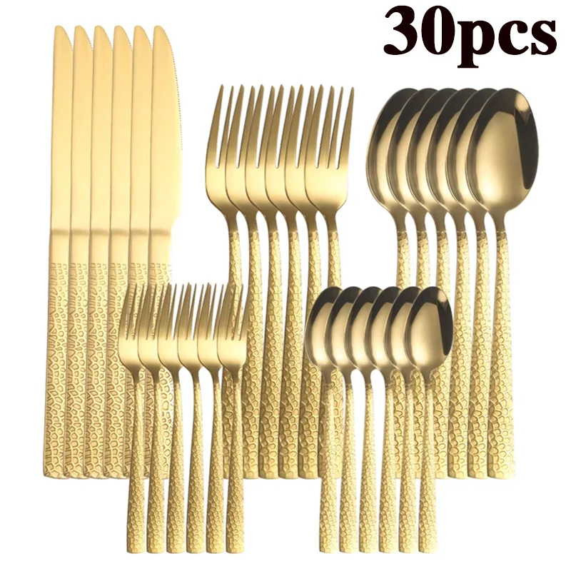 30pcs Stainless Steel Cutlery Set, Luxurious Gold Knife and Fork, Can Be Washed in Dishwasher.