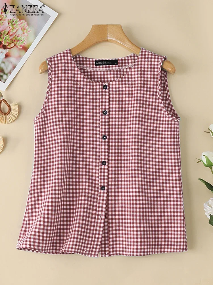 ZANZEA 2025 여름 탱크 탑 여성 격자 무늬 민소매 탱크 조끼 패션 오 넥 포켓 버튼 Camis 한국 블라우스 빈티지 탱크