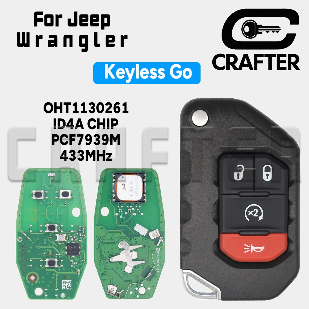 

Key Crafters Smart Card Key OHT1130261 4A Chip PCF7939M 433MHz Flip Folding Smart Key For Jeep Wrangler 2018 2019