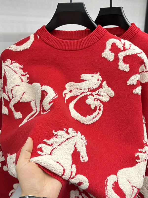 

Thiened Cisas Sweater 2026 Year Red Knitted irt Couple Matching round Ne Casual Sle for Men And Women