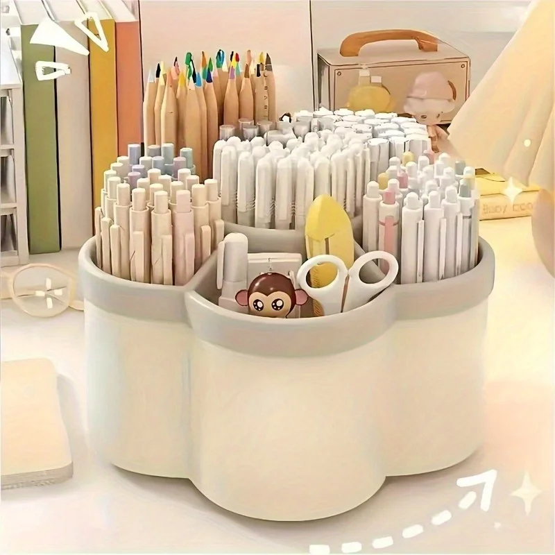 360-degree rotating desk organizer, 6-compartment plastic office supply storage box, makeup brush and pen holder, desk organizer
