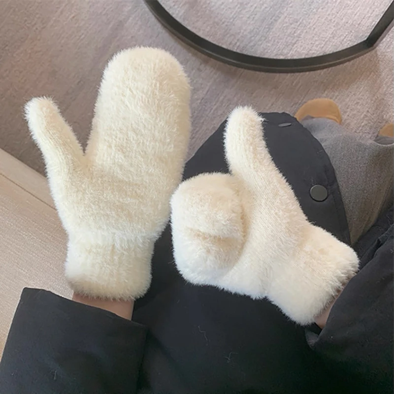 Neue Damen-Winterhandschuhe mit Kaschmir-Futter, Einfarbig, Elastisch, Weich, Vollfingerhandschuhe, Imitiertes Kaninchenfell, Gestrickt, Niedlich