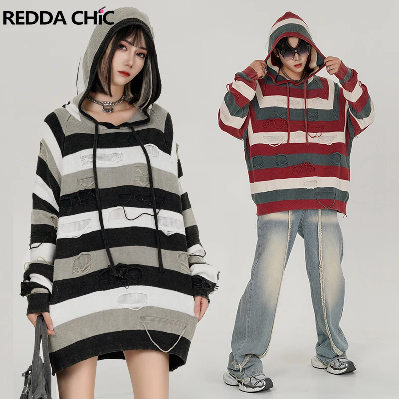 

ReddaChic Women Ripped Drawstring Hooded Hoodies Collision Striped Pullover Long Sleeves Casual Sweatshirt Y2k Retro Streetwear