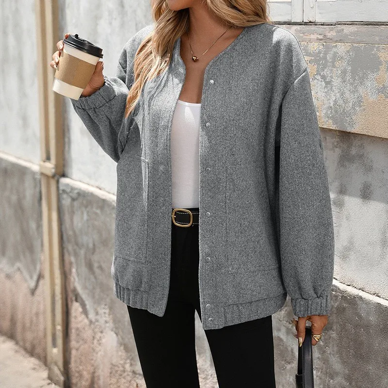 Casual Loose Fit Coat Mid Long Length with Single Row Multi Button Closure Gathered Long Sleeve Pockets Women Autumn Jacket