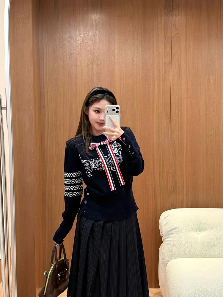 

Well-Behaved Collar Doggie Intarsia k Blue Wool Knitwear Women's Preppy Sle Loose Fit Long Sve Casual Faion