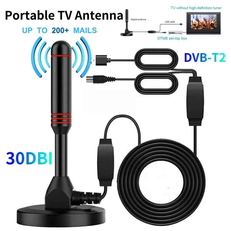 Antenne TV HD Portable Antenne numérique HD Antenne TV numérique HD 30DBI avec amplificateur DVB-T2 antenne extérieure intérieure à réponse rapide