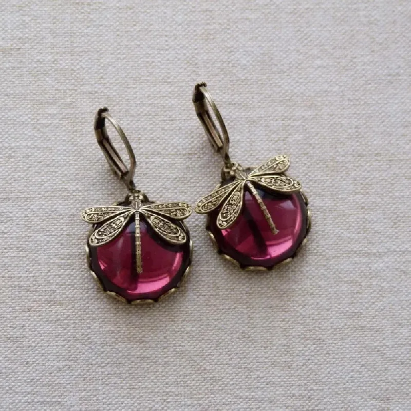 Rose Red Retro Glass Cabochon, Victorian Brass Dragonfly Earrings, A Beautiful Gift For Women