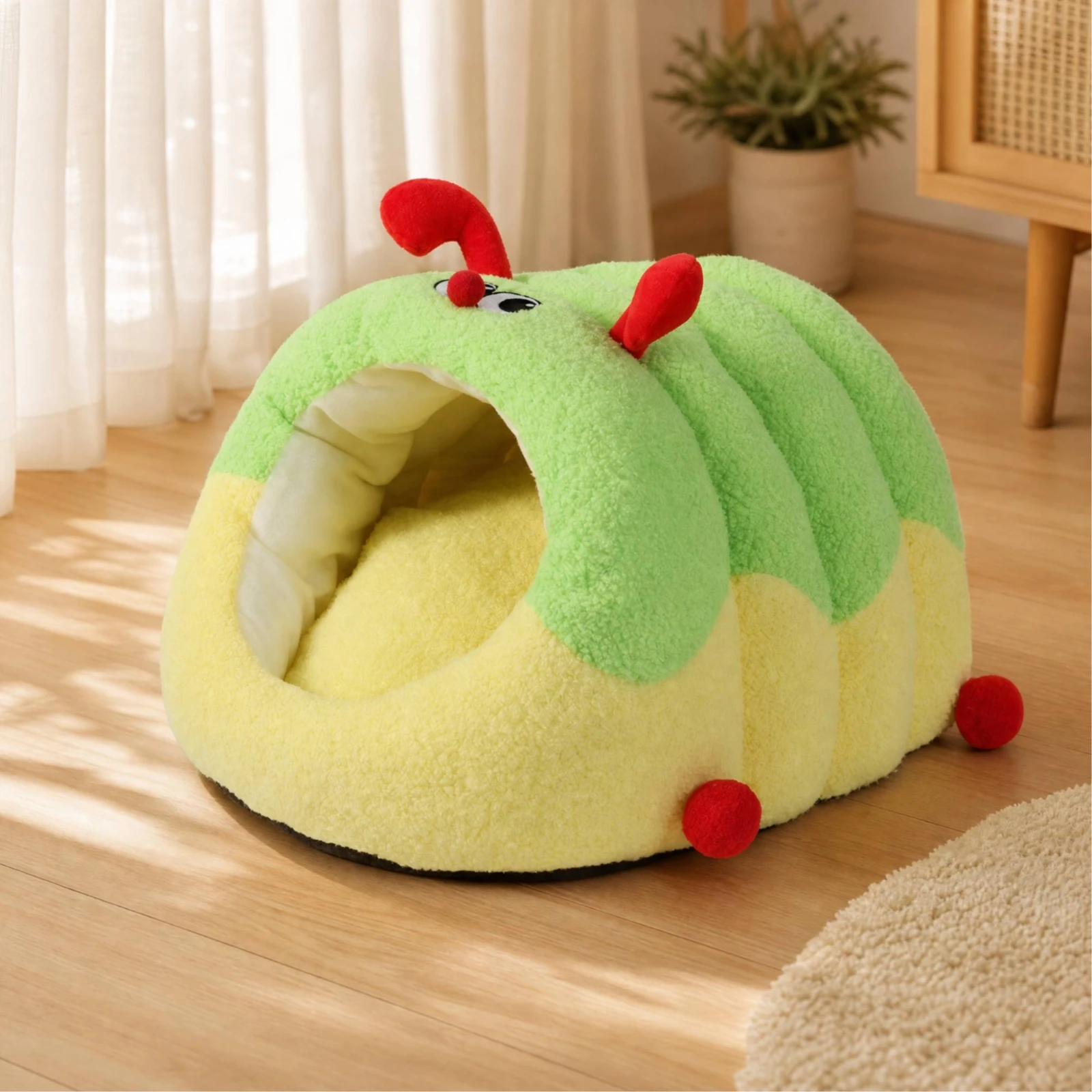 Caterpillar-Shaped Pet Bed Soft Enclosed Pet Bed with Padded Interior Cat Cave Covered Cat Tent House Supportive for Cats