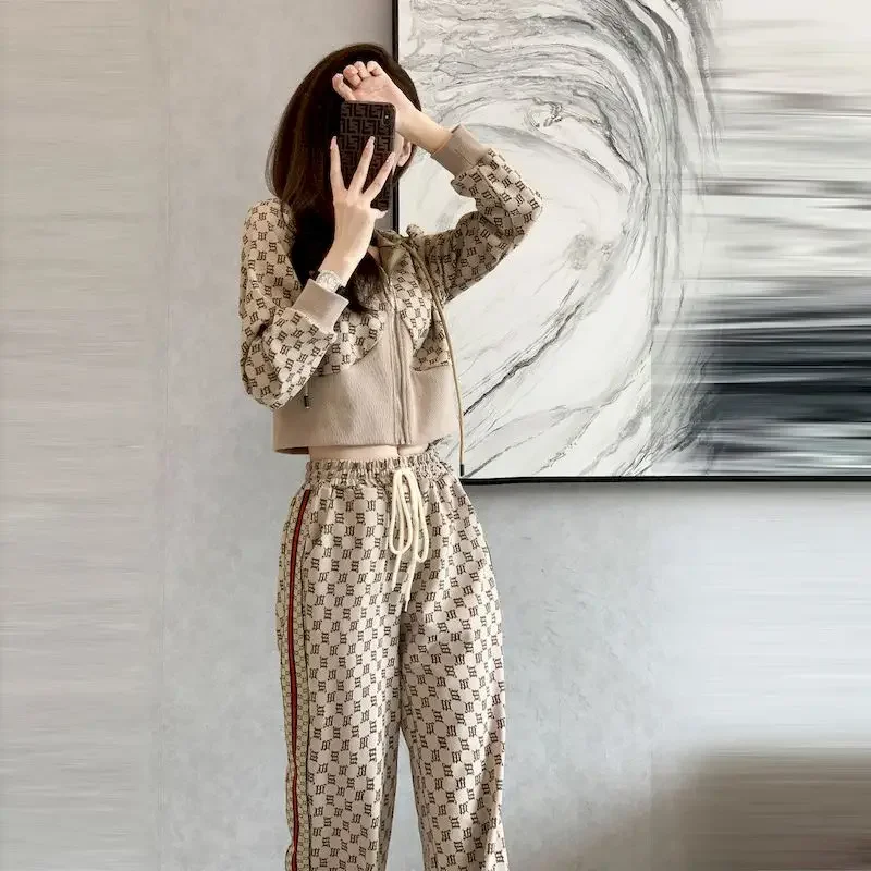 Womens Casual Sports Suits 2024 Spring  New Fashion Cardigan Hooded Jacket Wide Leg Pants 2 Piece Sets Aesthetic Set Women Trend