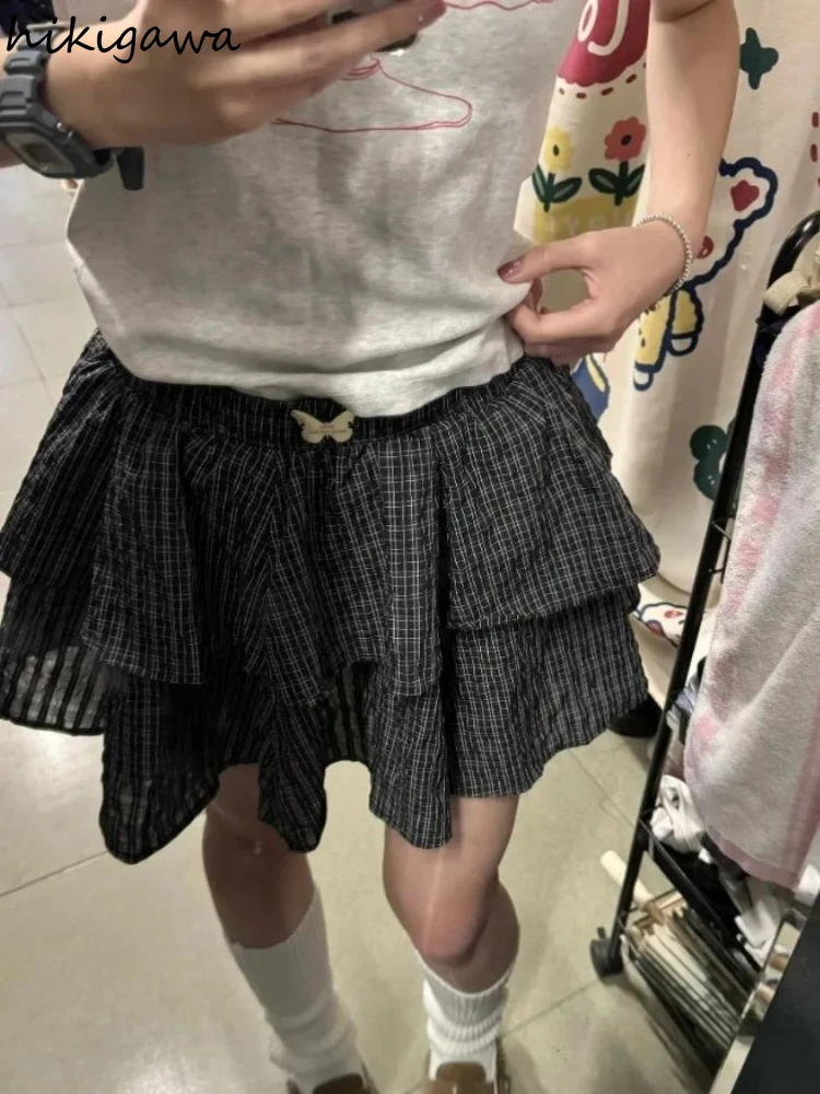 2024 Faldas Mujer De Moda Women Skirt Preppy Style Summer Fashion Jupe High Waist Ruffles Tunic Saia Vintage Plaid Mini Skirts