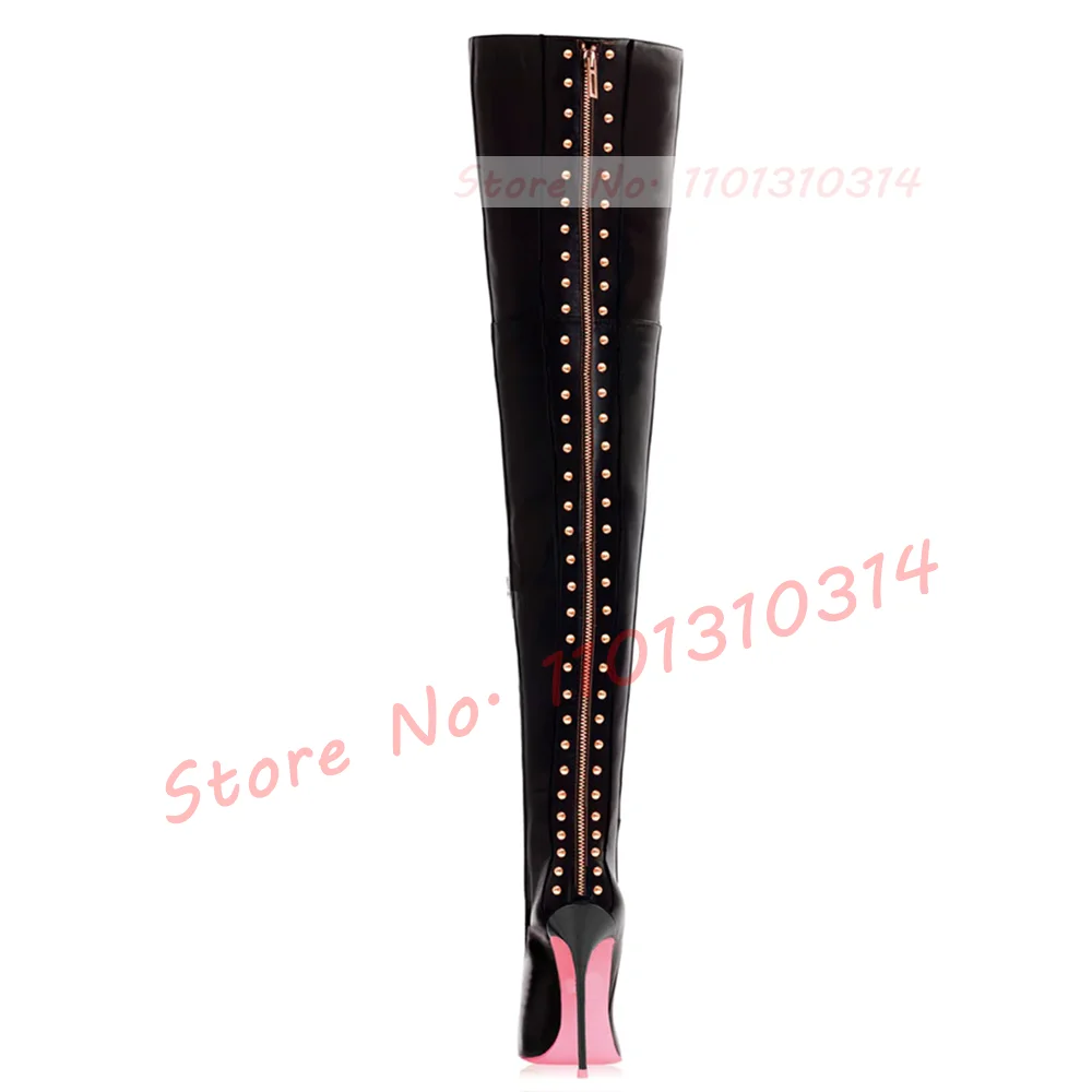 Back Zipper Rivets Thigh High Boots Women Chic Pink Sole Cross-tied Stiletto High Heels Sexy Ladies Pointy Studded Slim Shoes