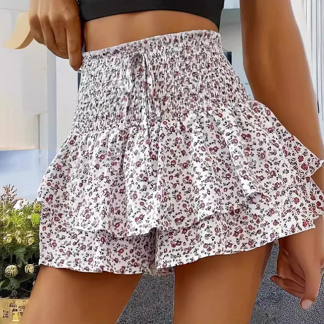 

Women Summer Fashion Printed Wide-Leg Shorts Casual Elastic Waist Loose Versatile Shorts Skirt