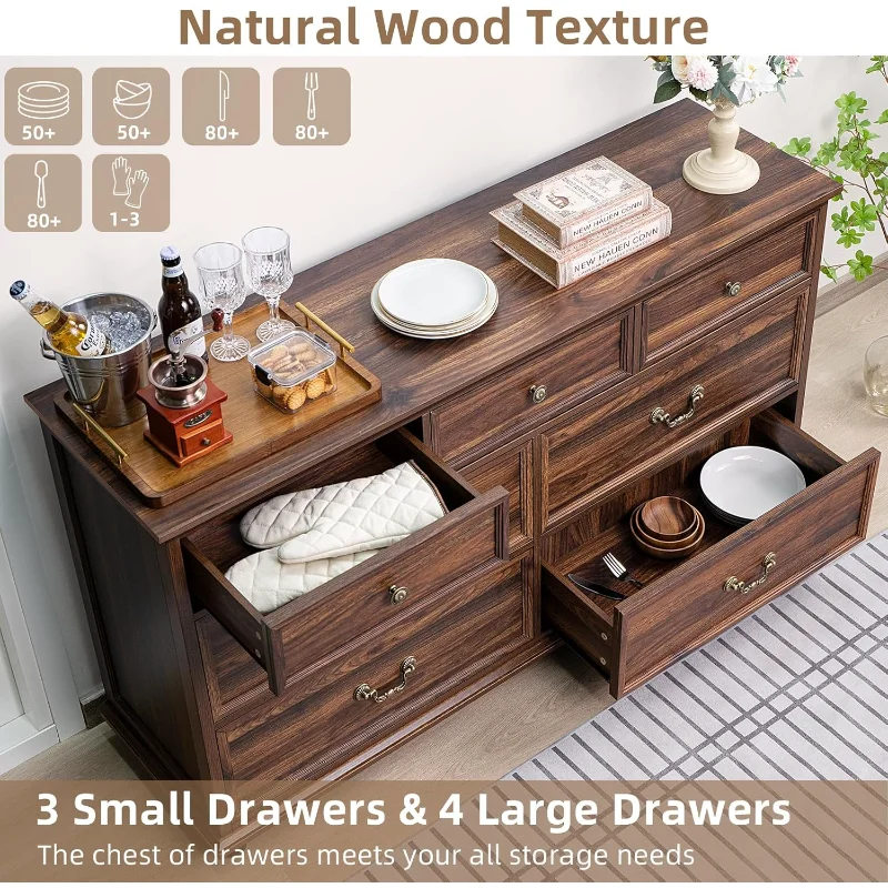 home.Farmhouse 54" 7 Drawers Dresser for Bedroom, Vintage Wood Chest of Drawers w/ 4 Wooden Legs, Wide Closet Storage