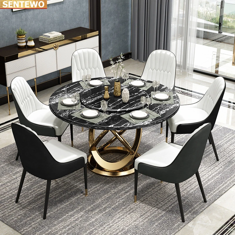 Designer Luxury round dinning Marble Rock Slab dining table set 6 chairs mesa de jantar comedor tische Stainless steel gold base