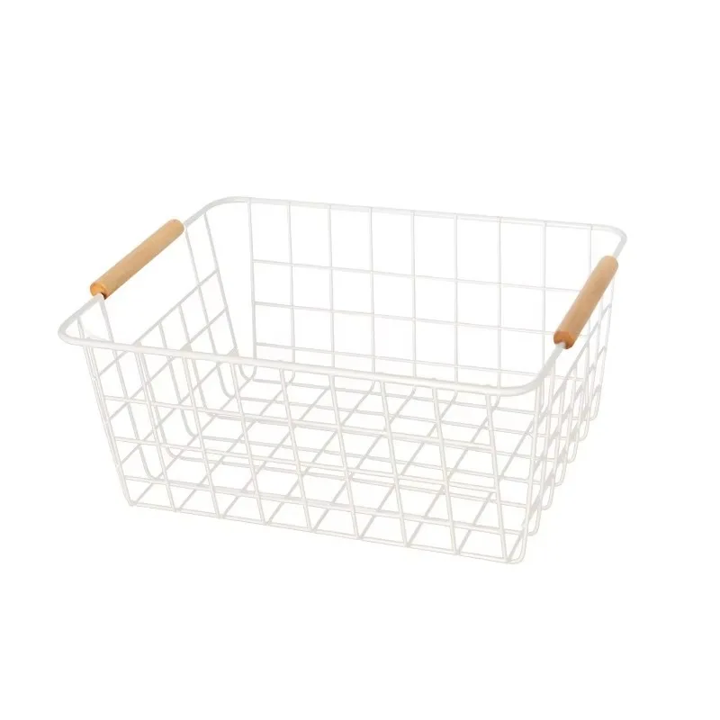 

Multifunctional storage basket with wooden handle silk mesh organizer for living room, bathroom and books