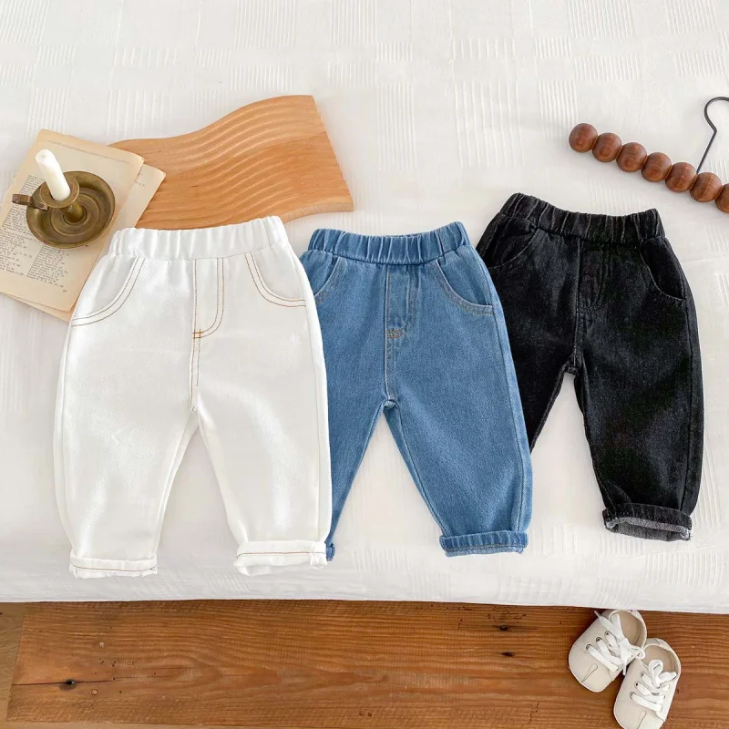 

Children's Solid Color Jeans0-5Soft Long Pants Newborn Boys, Simple Autumn Style Casual Pants