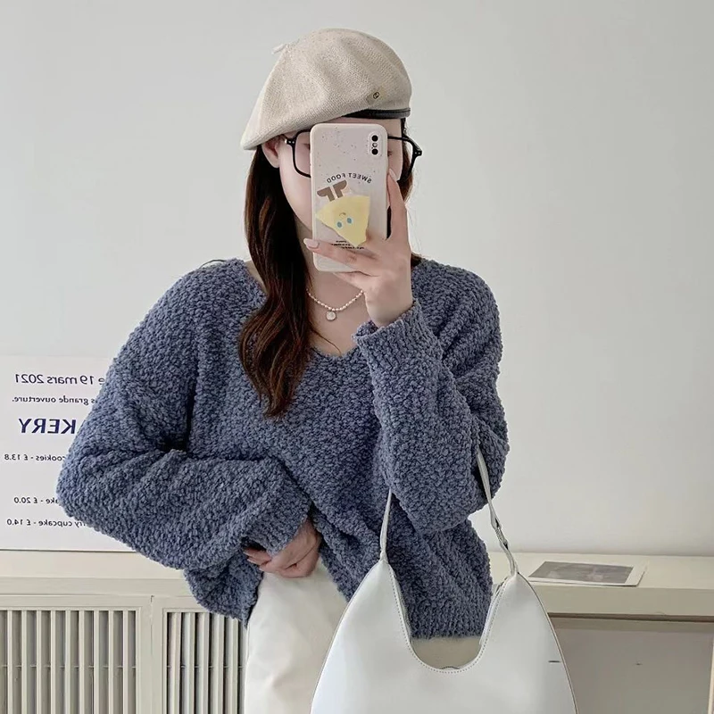 Lazy Style Loose V-Neck Plush Pullovers Women Autumn Winter Y2K Solid Color Cropped Sweater Korean Retro Soft Knitting Jumpers