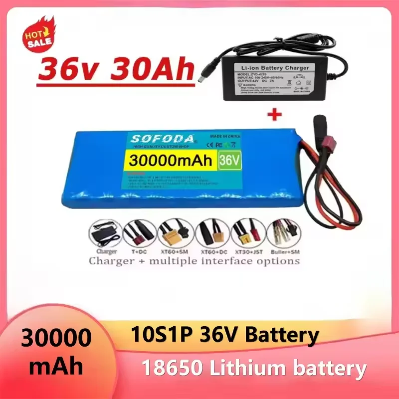 Large capacity 36V 30000mAh 10S1P 18650 lithium-ion rechargeable battery pack 30Ah, with BMS 500W, equipped with 42V 2A charger