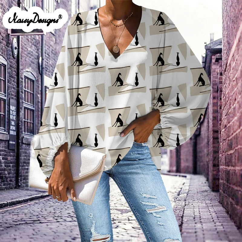 Noisydesigns Women White Blouse Long Sleeve V Neck Shirts Greyhound Dog Print Female Girl Loose Chiffon Summer Blusas Para Mujer