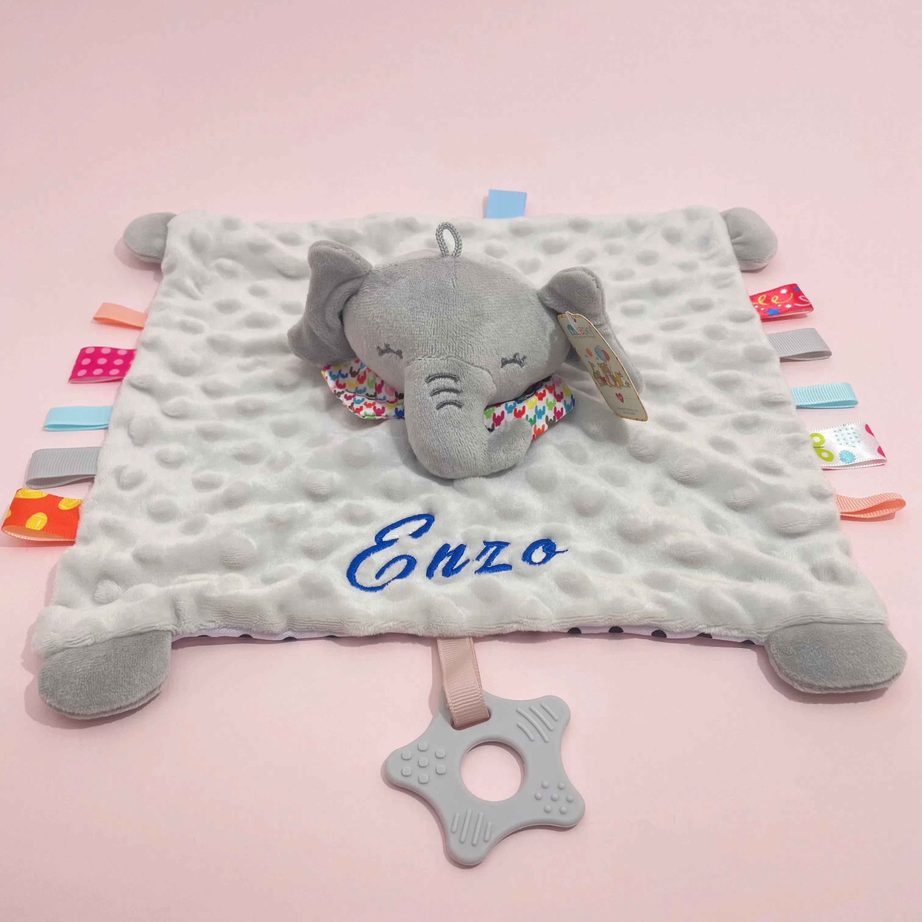 Personalisierte Baby-Elefant-Sicherheitsdecke mit Bio-Baumwoll-Silikon-Beißring, hypoallergene Geschenke für die Dusche von Neugeborenen – Detail 16