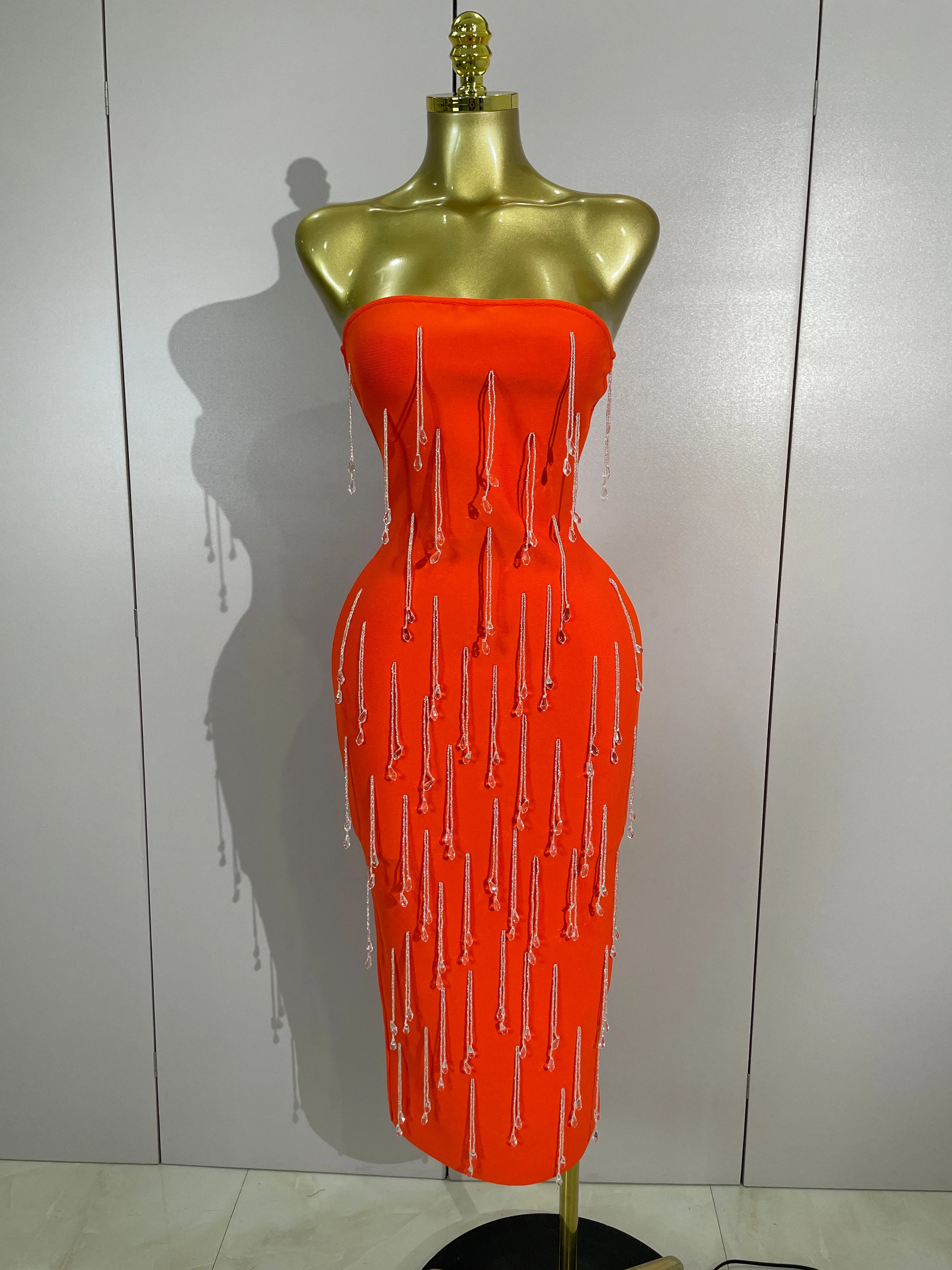

2026 Sexy Strapless Backless Pearl Beading Bodycon Long Bandage Dress Women Celebrity Elegant Evening Club Party Cocktail Dress