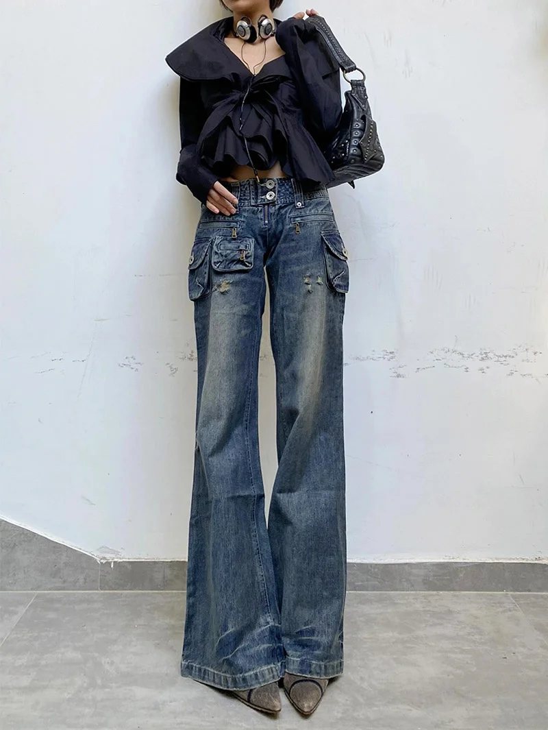 American High Street Style Multi-Pocket Work Pants Women Summer 2026 Y2K Millennium Trendy Long Boots Micro Flared Jeans