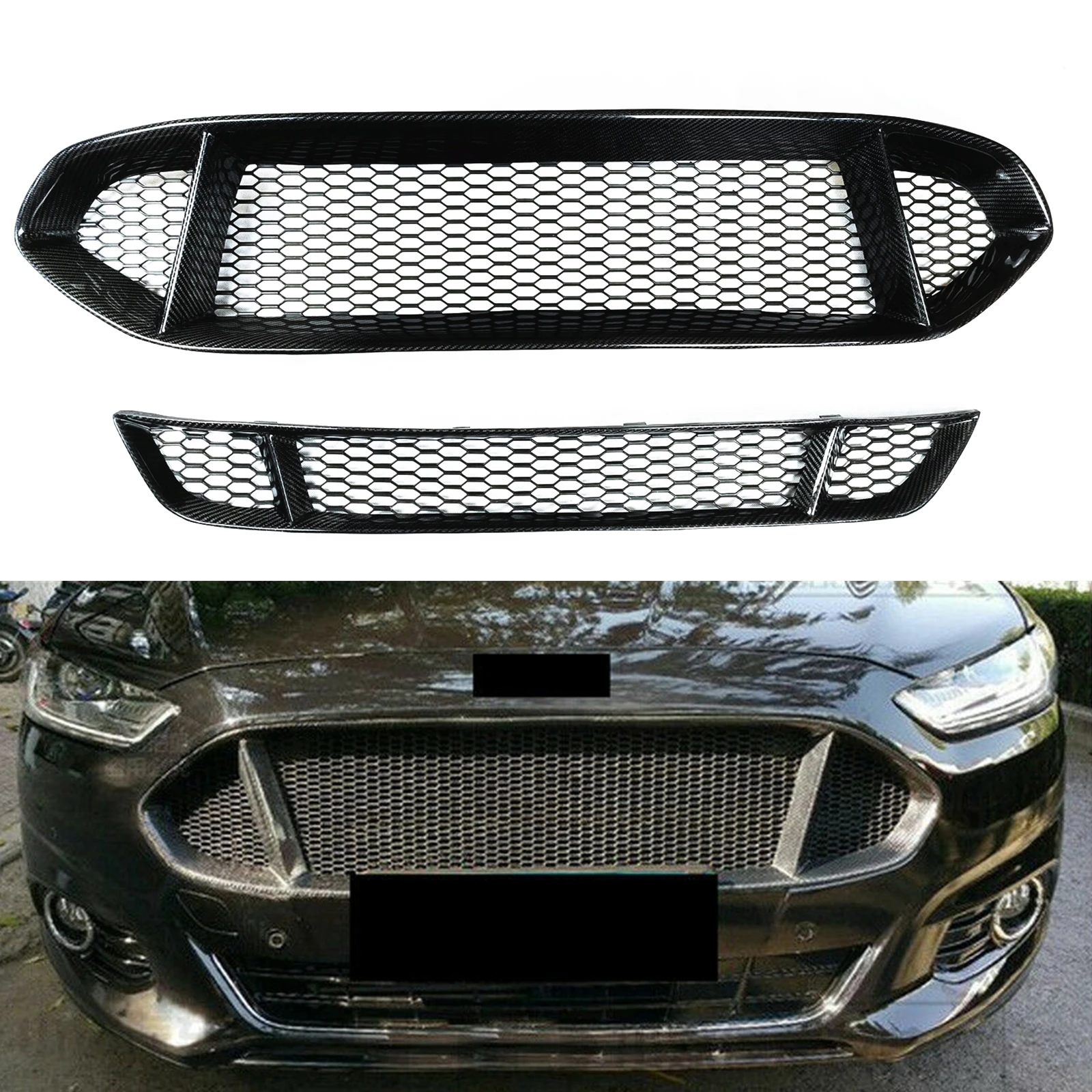 

2pc Racing Grills For Ford Mondeo Fusion 2013-2016 Front Grille Real Carbon Fiber Car Lower+Upper Bumper Hood Mesh Grid Body Kit