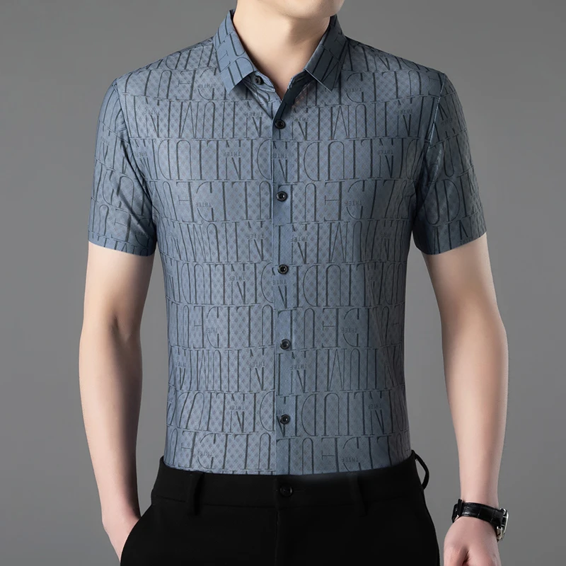 High-end Summer Korean Quality Lapel Shirt Short-sleeved Printed Designer Cool Seamless Men\'s Fashion Business Casualjavascript: