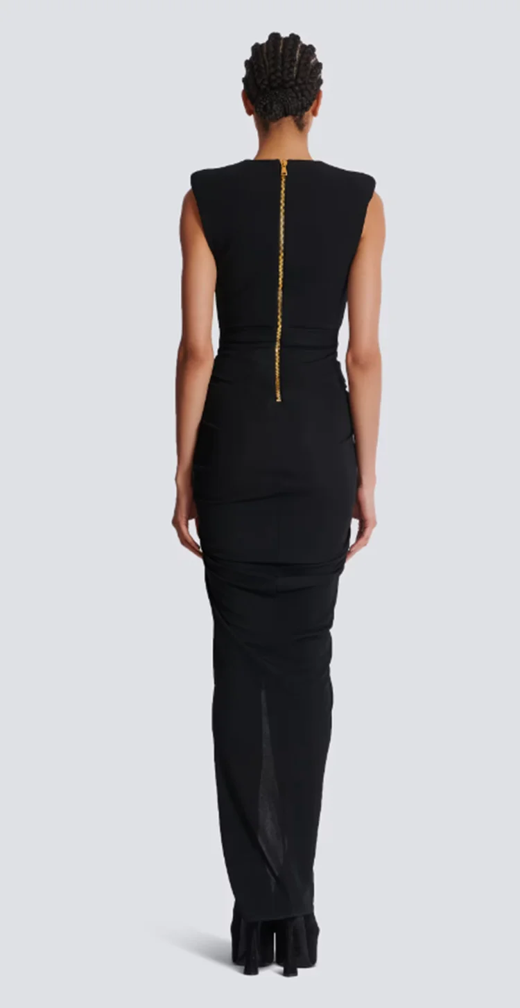 Women's Black Sleeveless Deep V Neck Buttons Design Long Dress Folds Split Slim Dresses Sexy Elegant Fashion Evening Party Gowns