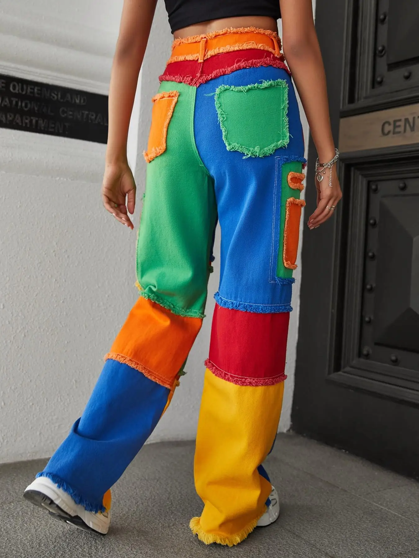 Sweet Cool Spicy Girl Colorblock Workwear Jeans, Colorful Contrast Fuzzy Hem Wide Leg Pants, Stylish Casual Denim Trousers